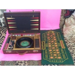 Antique Genuine Lowe In Game Suitcase, Chess, Backgammon, Roulette, Checkers,